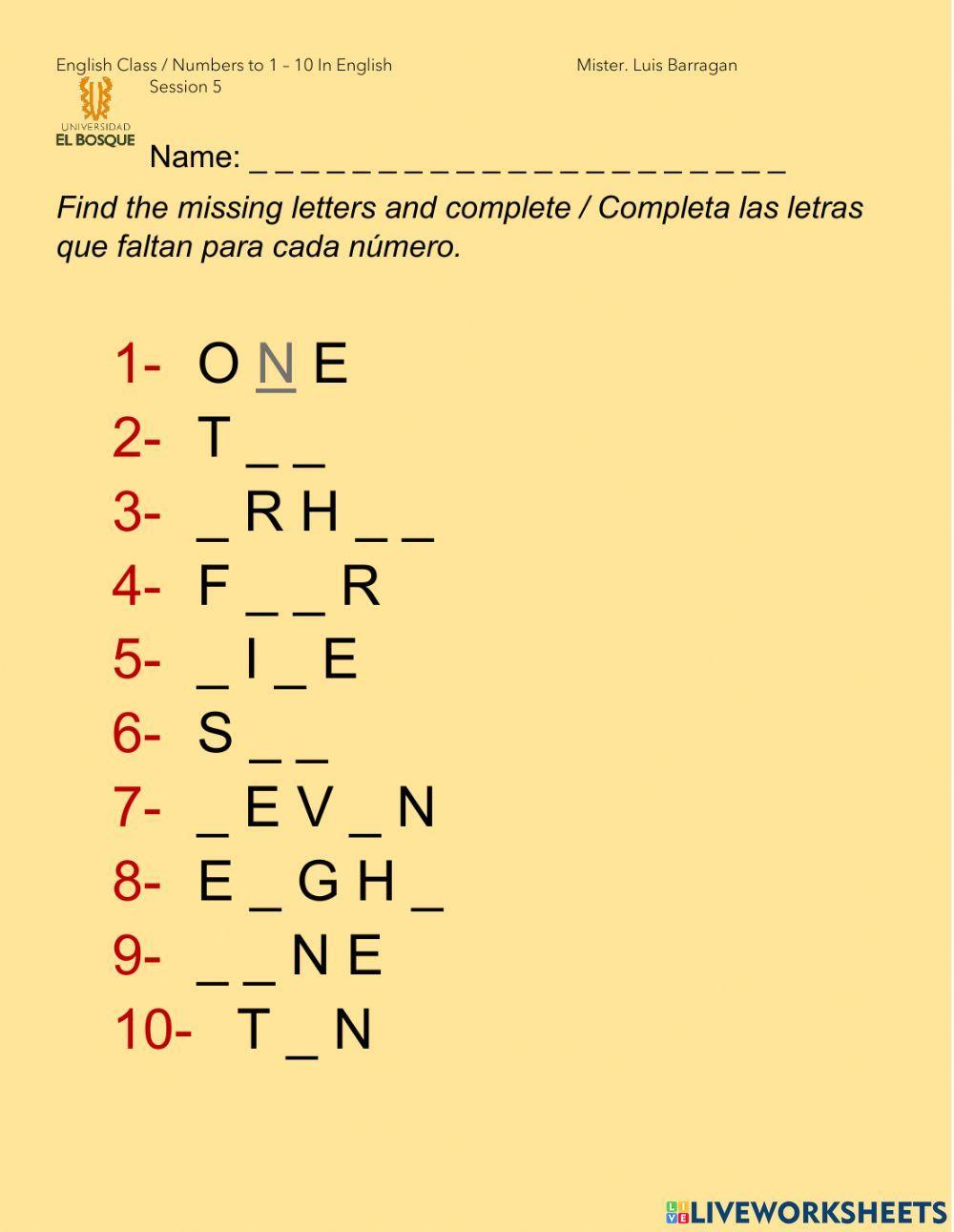 Numbers 1 to 10 in english