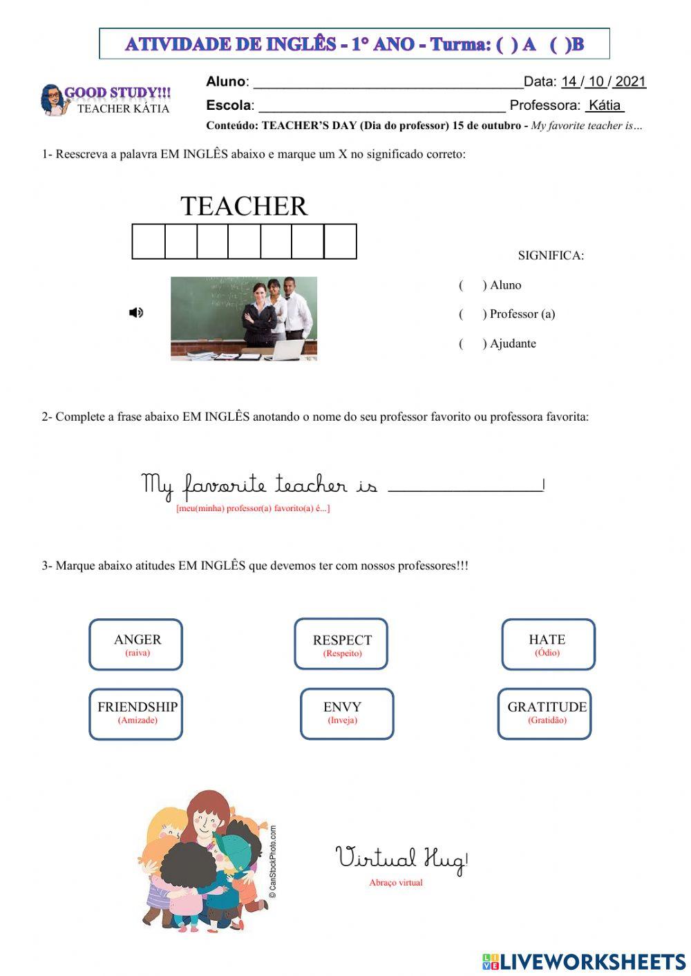 1° ano- INGLÊS - TEACHERS DAY - 14-10-21