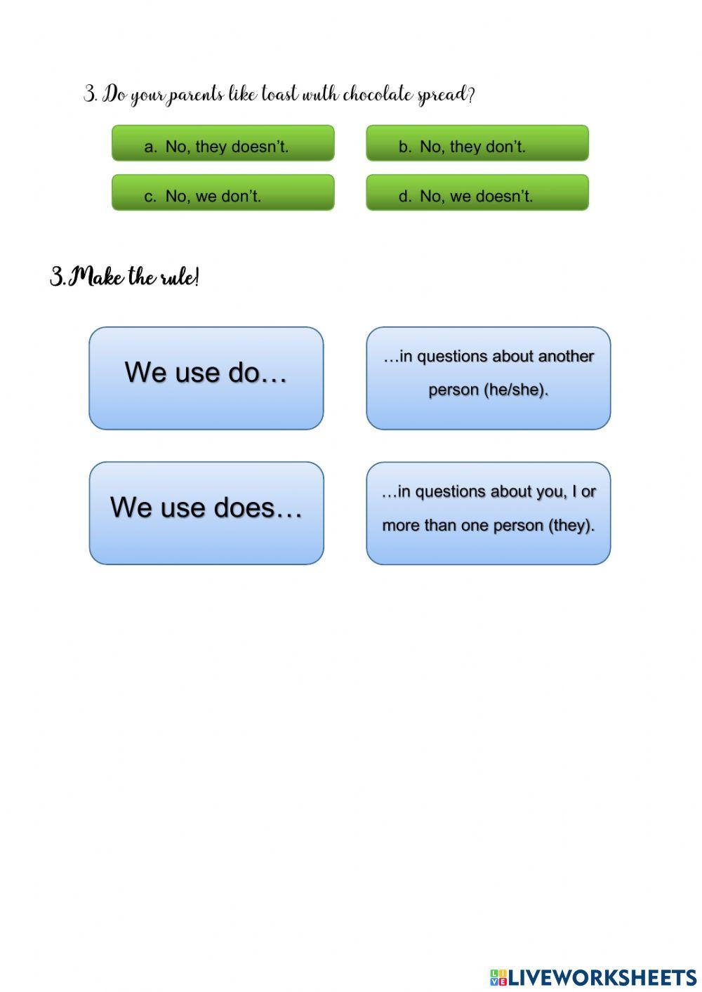Do-Does online worksheet for 6 primaria | Live Worksheets