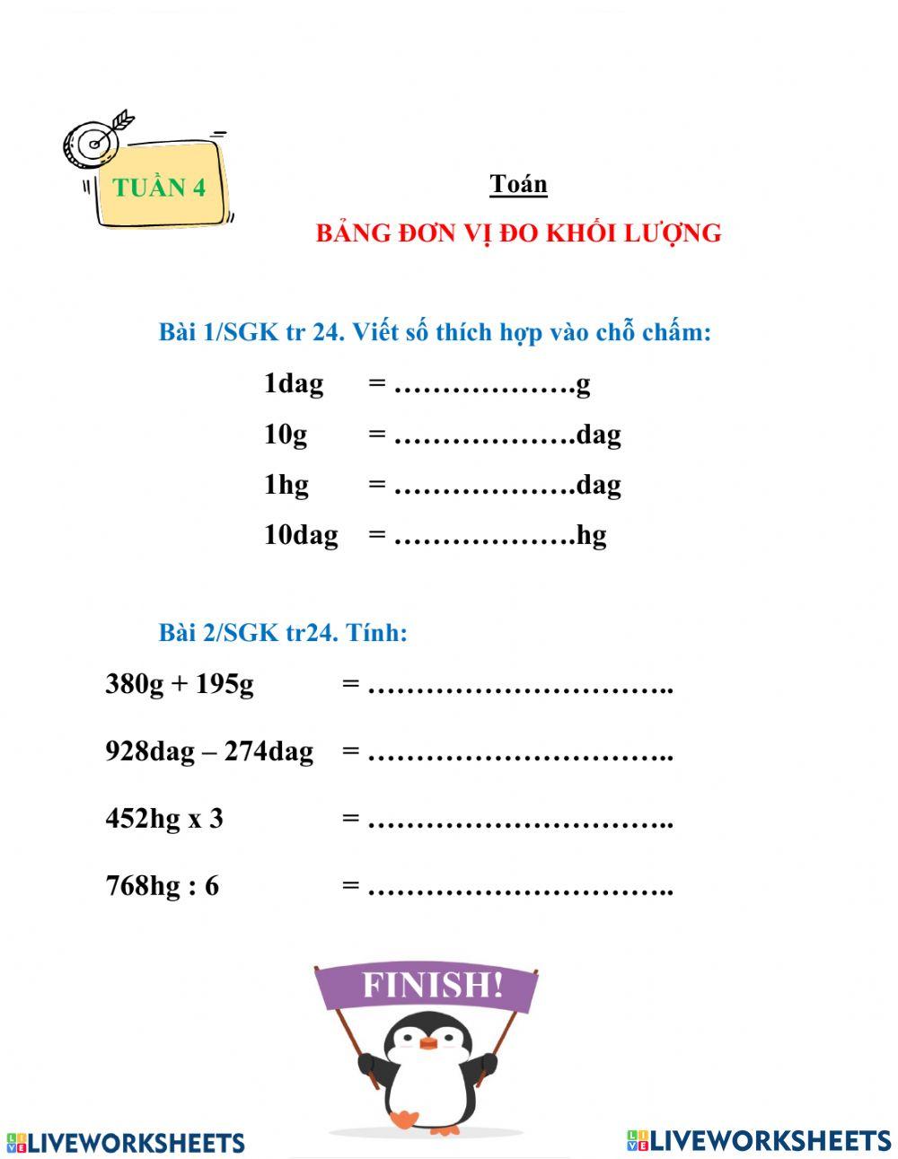 Tuần 4 - Toán 4 Bảng đơn vị đo khối lượng Bài tập SGK Toán 4-tr24