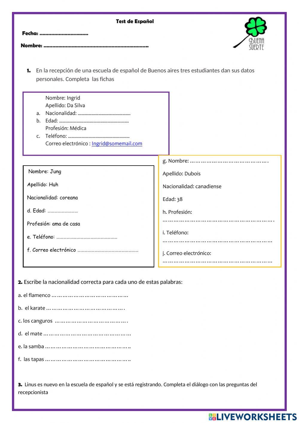Test de español worksheet | Live Worksheets test-de-espa-ol-worksheet-live-worksheets