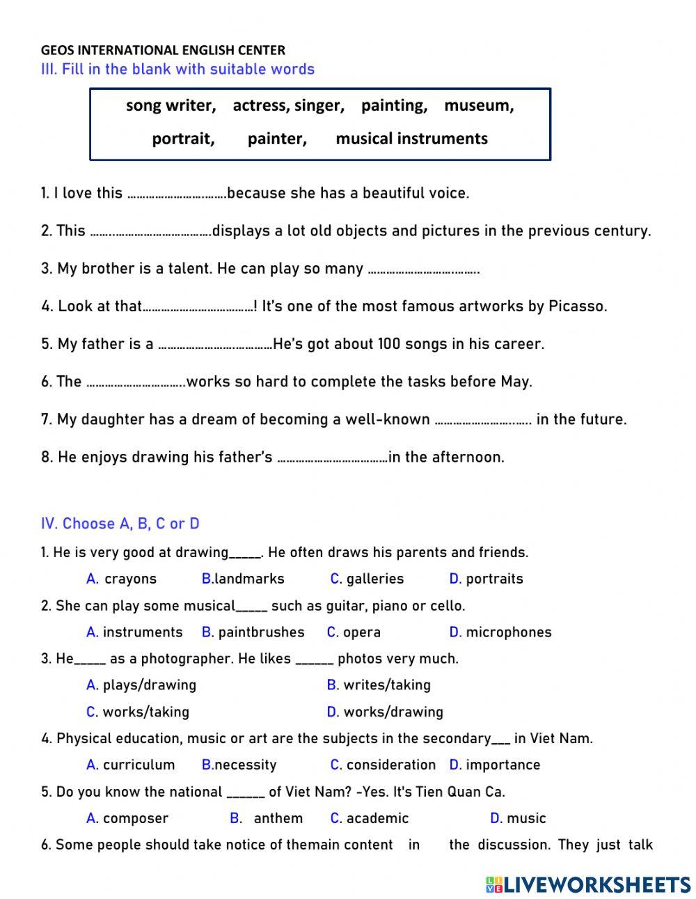 Worksheet 1-Unit 4-Grade 7