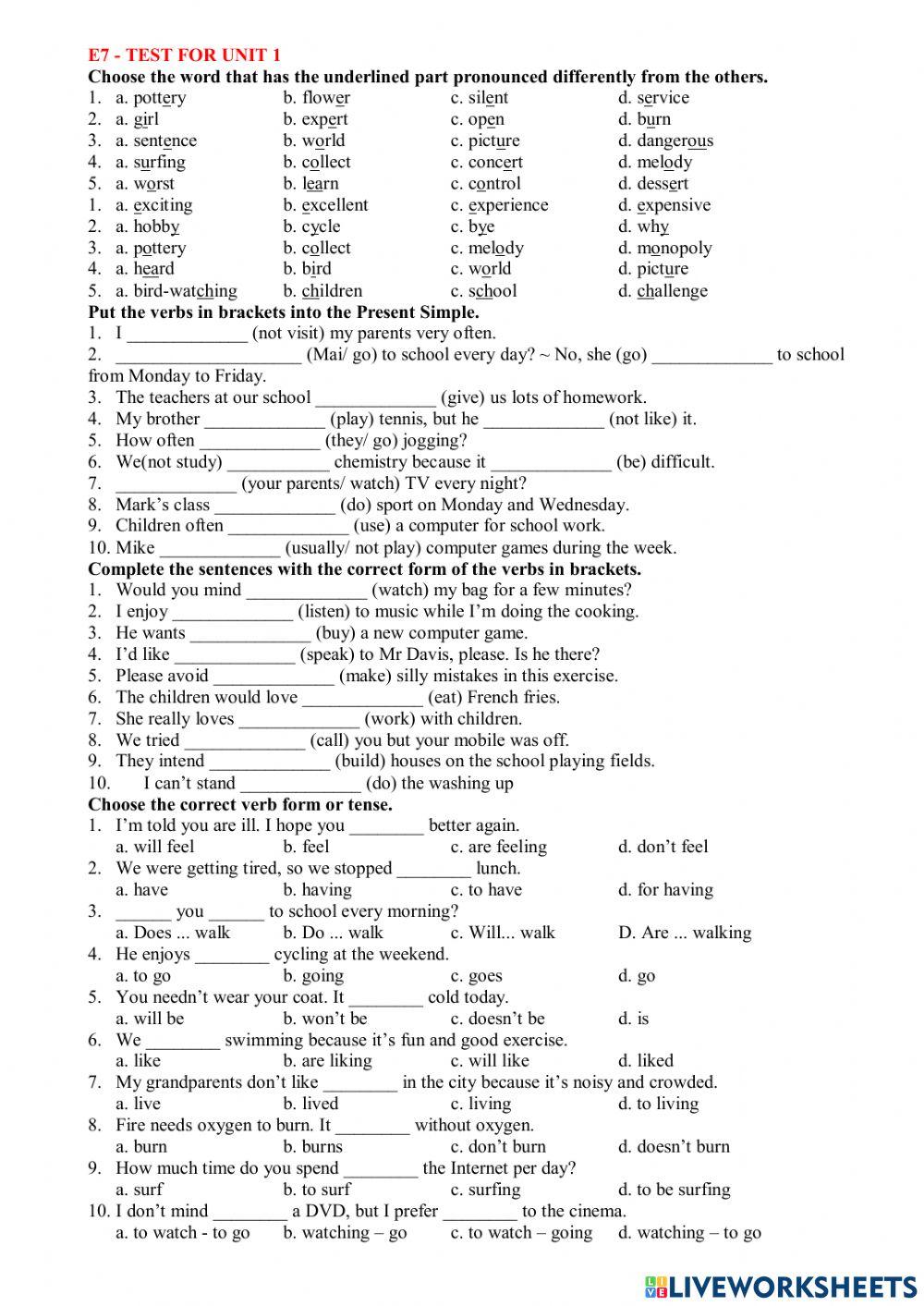 English 7- Test for Unit 1-MLH