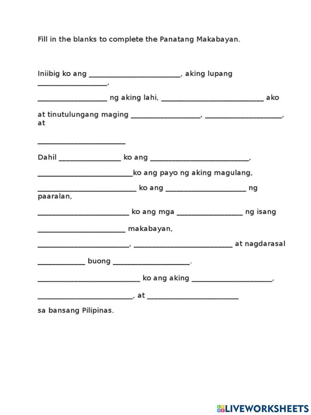 Panatang makabayan online exercise for live worksheets