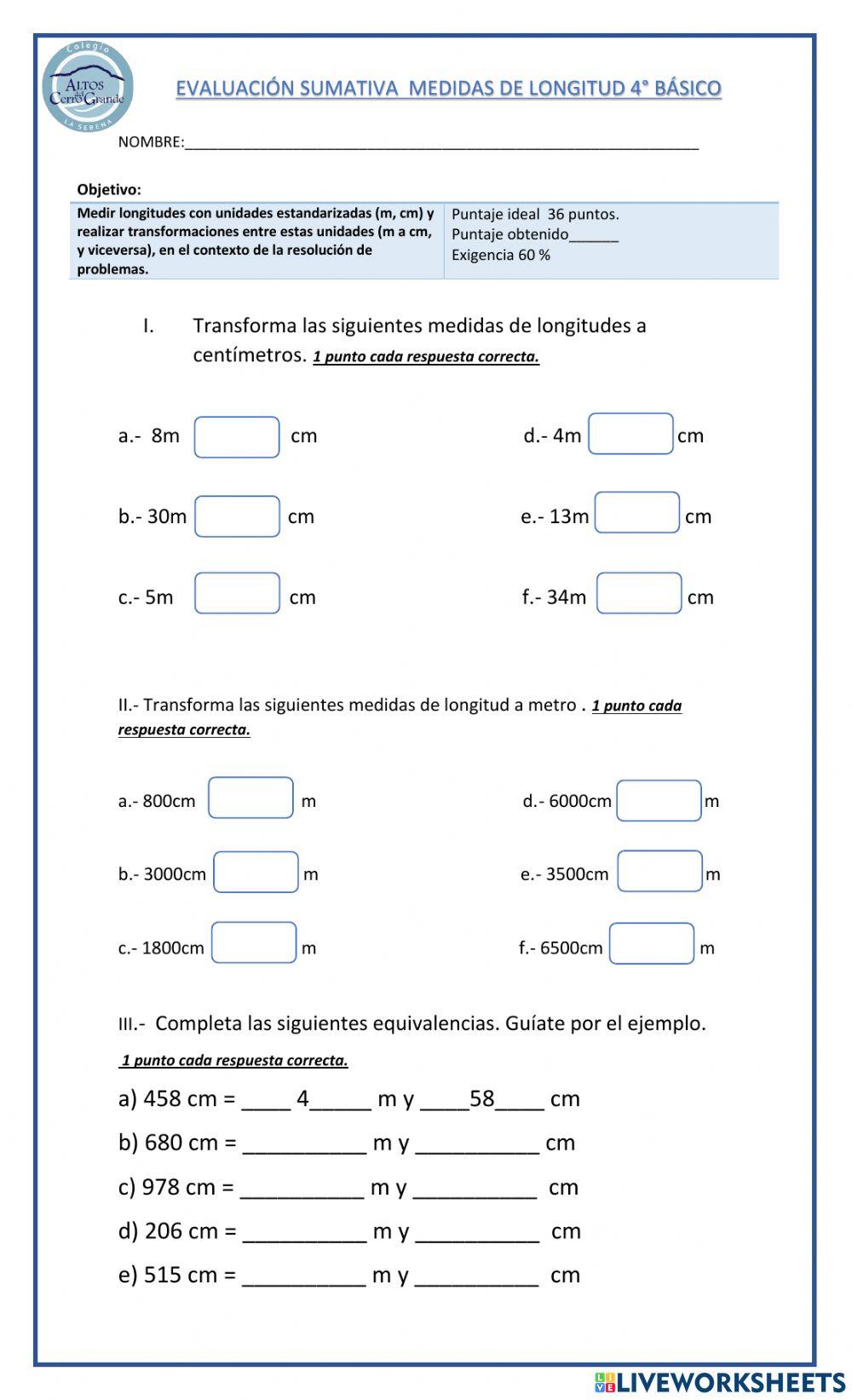 Evaluación sumativa de matemáticas