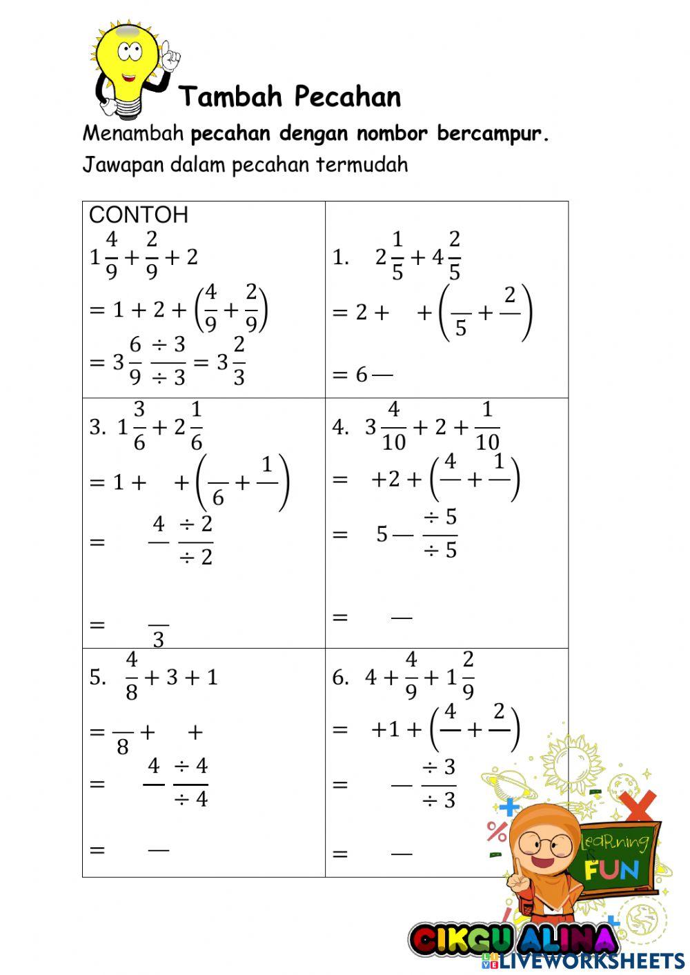 Tambah pecahan dengan nombor bulat