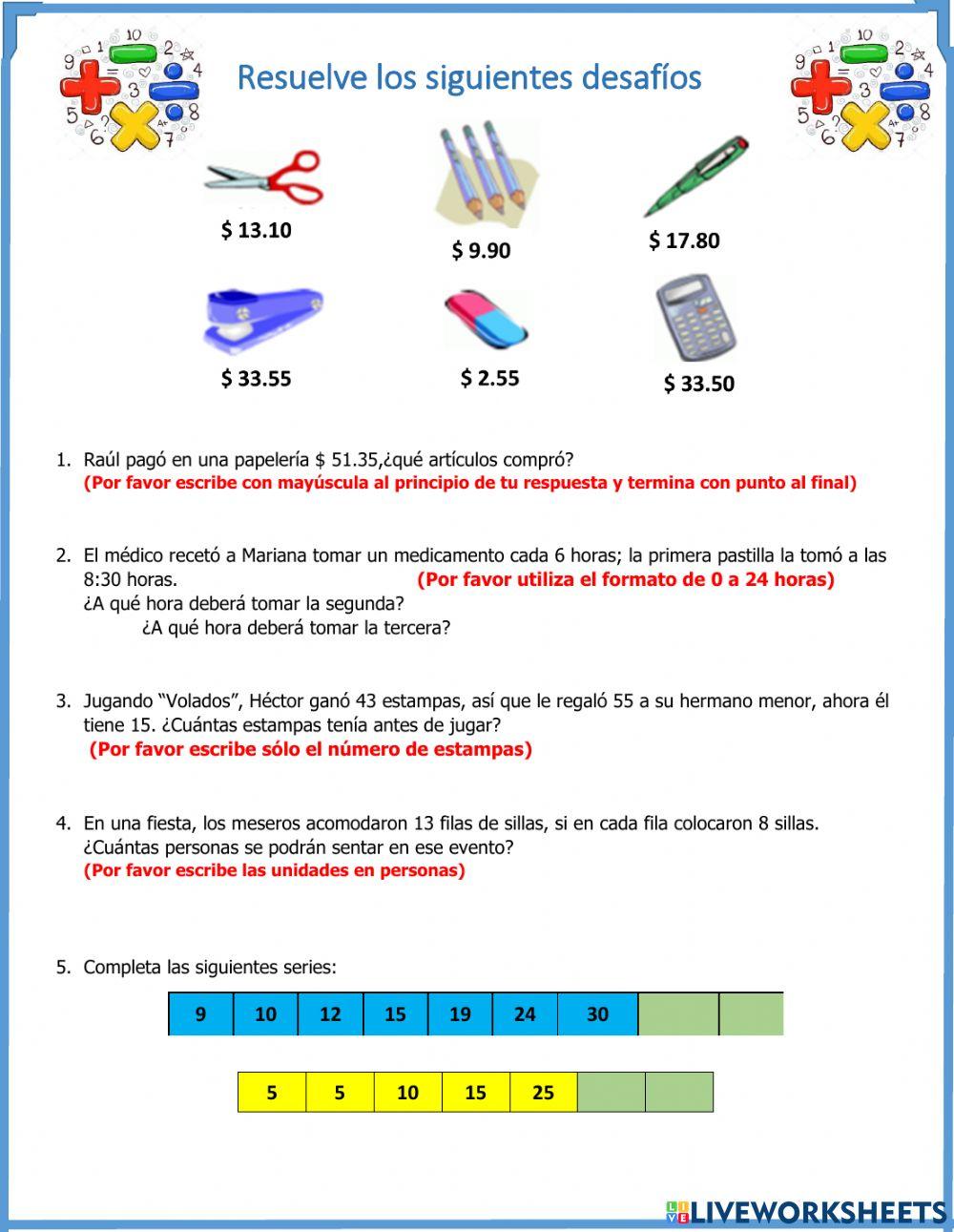 Desafíos 4°.5 (sumas y restas con decimales, tiempo y series)