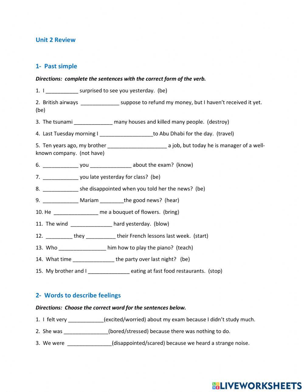 Unit 2 Review  Pre-Intermediate- Cutting Edge
