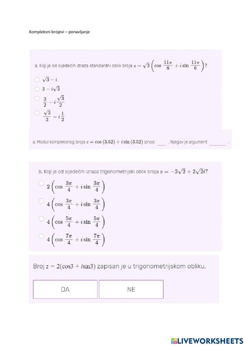Ponavljanje kompleksni brojevi worksheet | Live Worksheets