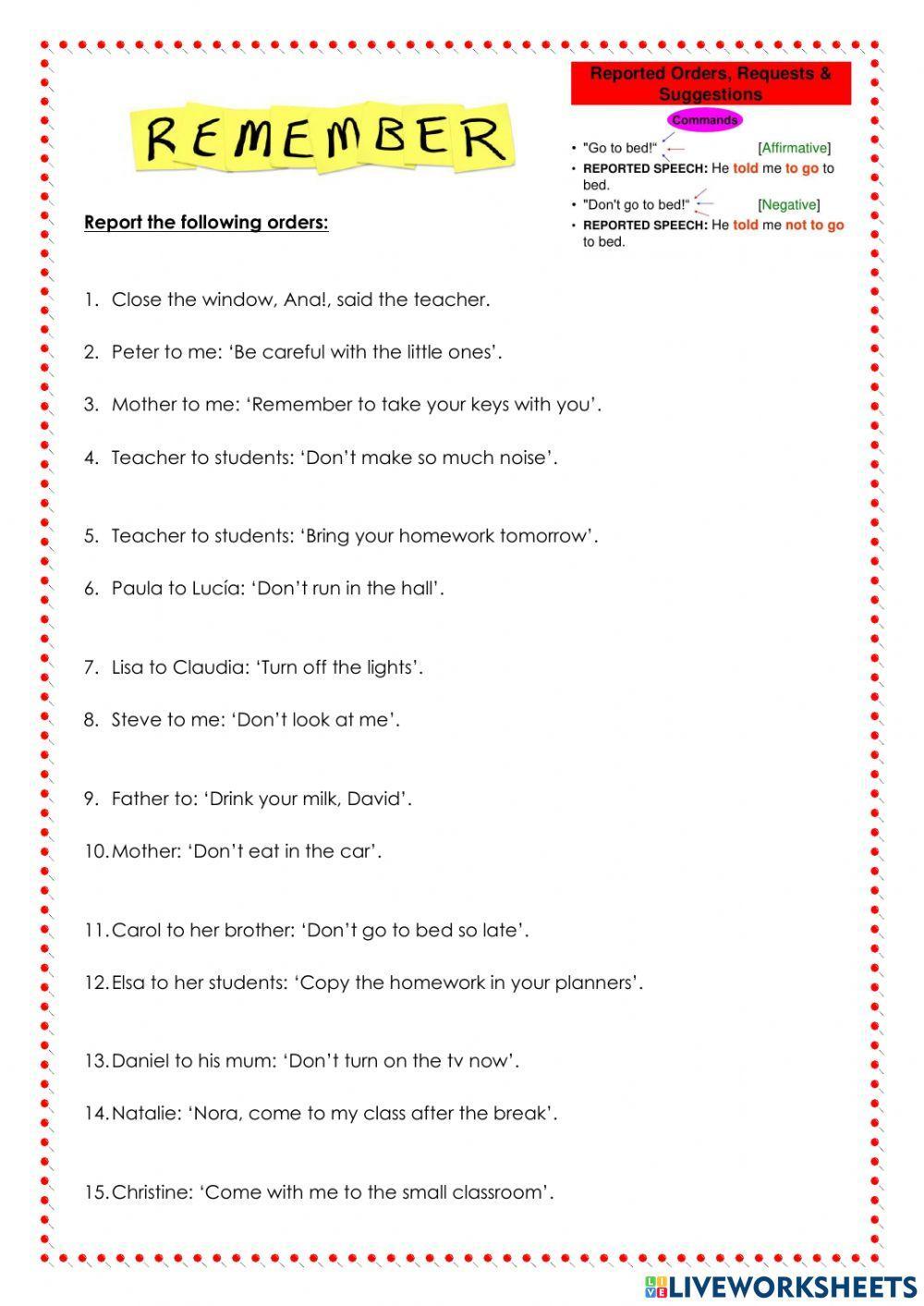 reported speech imperative sentences worksheets