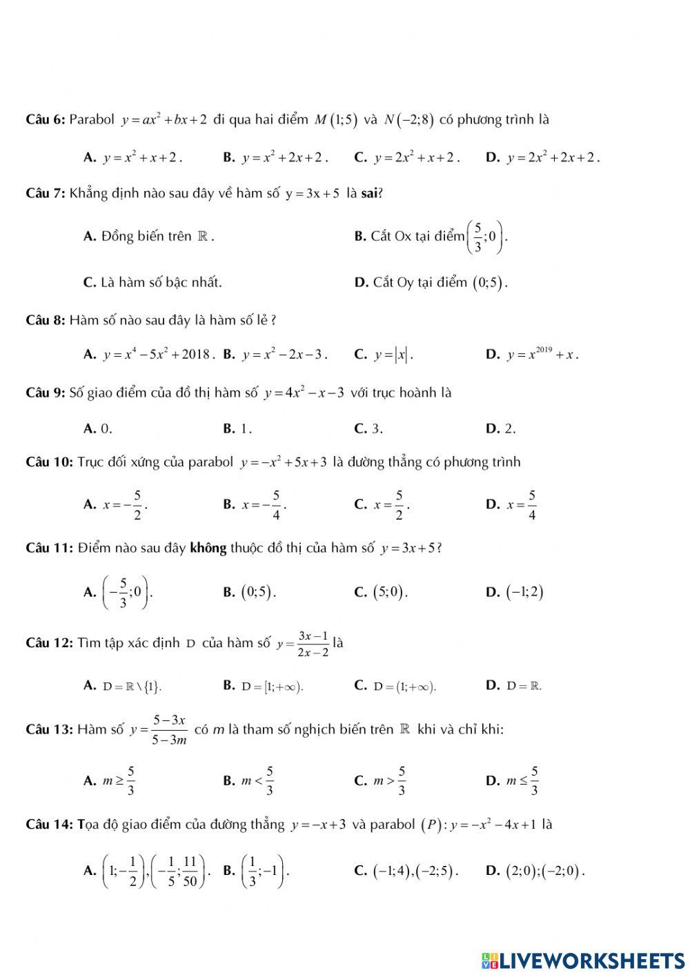 Đại số 10 - Ôn tập chương 2 - Lần 1
