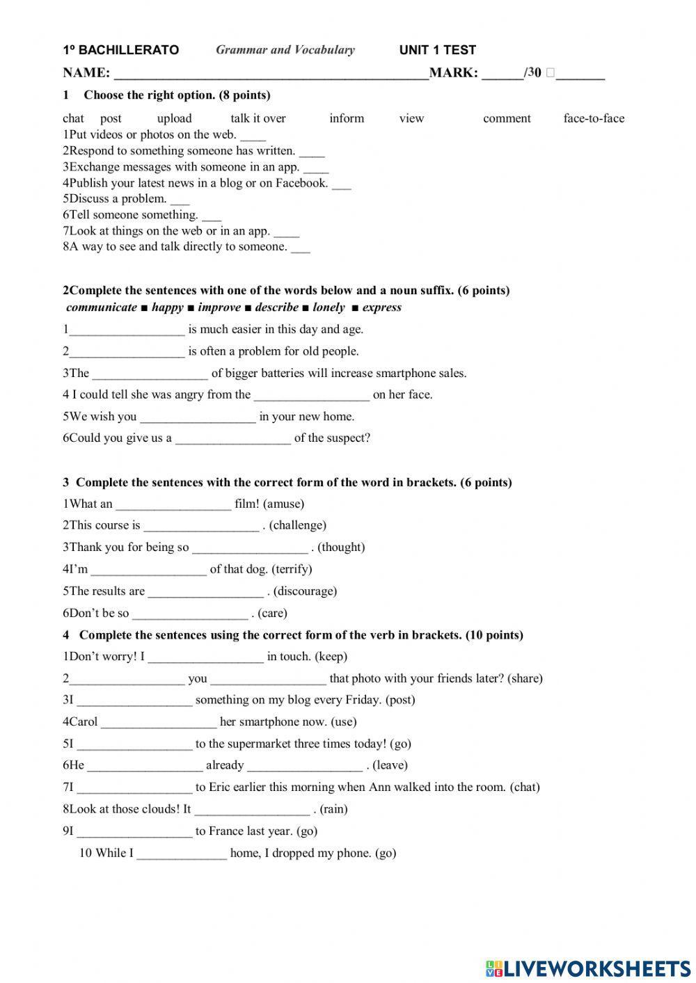 1º Bach: Unit 1 - Grammar and Vocabulary