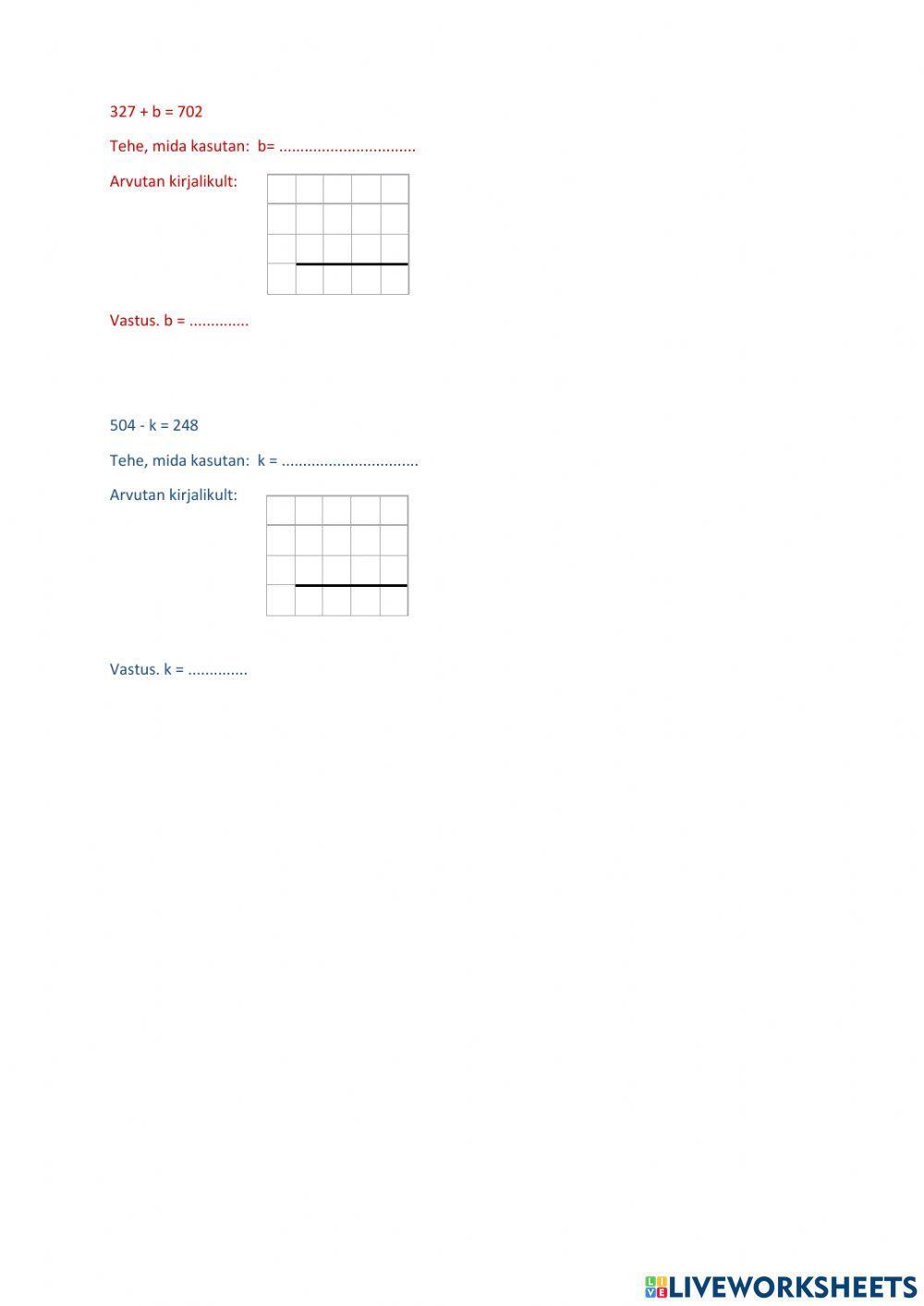 Tundmatu liidetava, vähendatava ja vähendaja leidmine