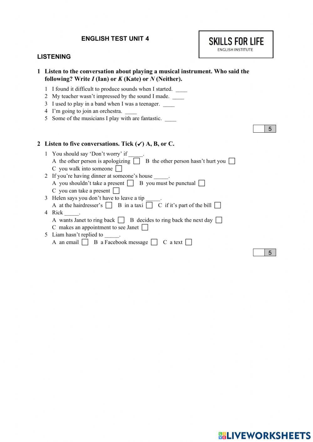 English file intermedite unit 4 listening test