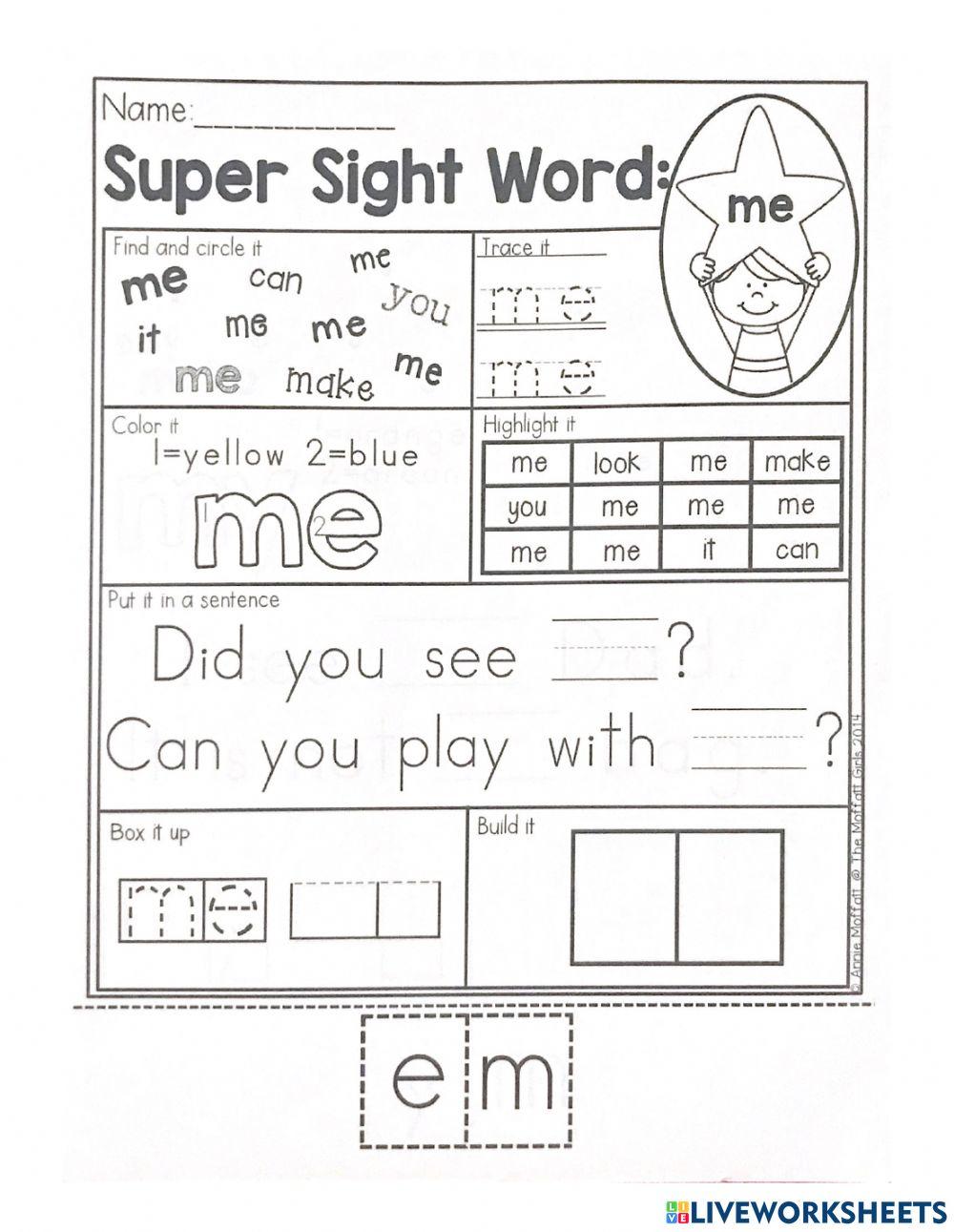 Sight word #39 me #39 worksheet Live Worksheets