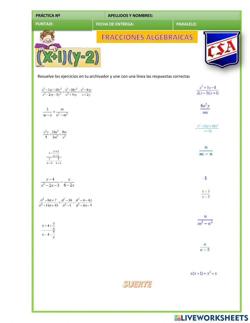 Operaciones de fracciones algebraicas