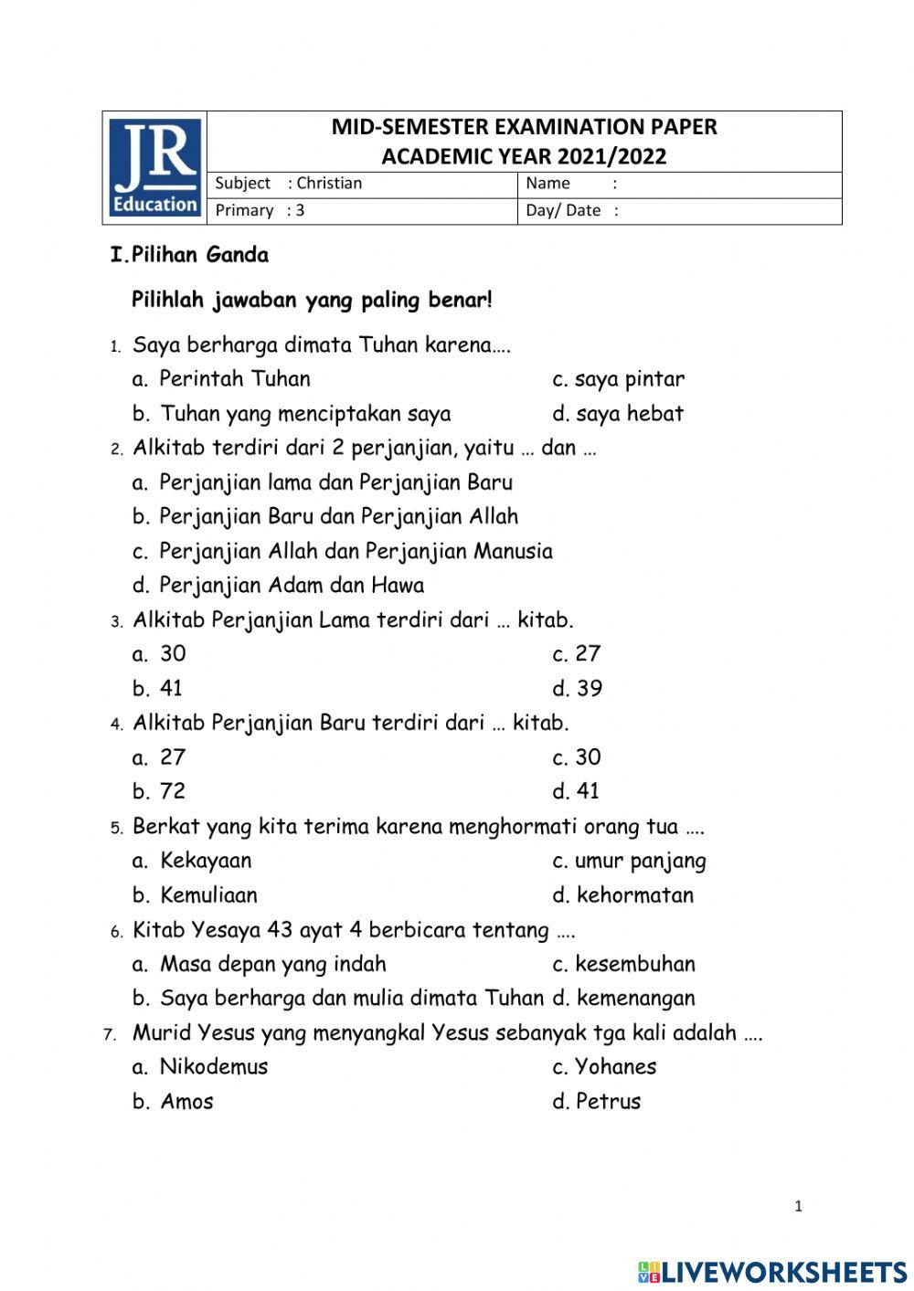 Mid Semester Religion P3