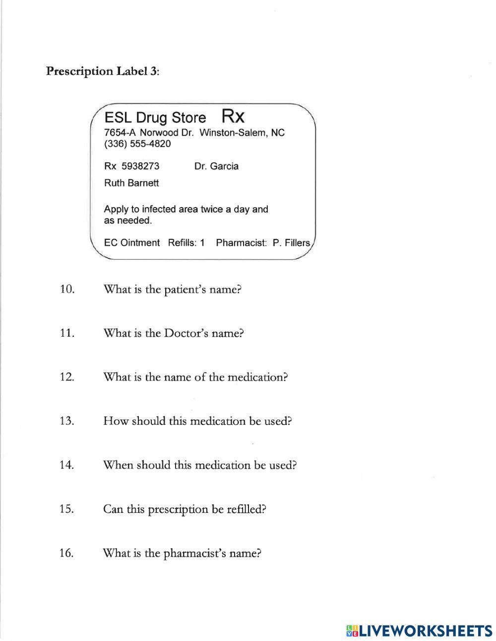CLB 3 Reading Prescription Labels Practice 2