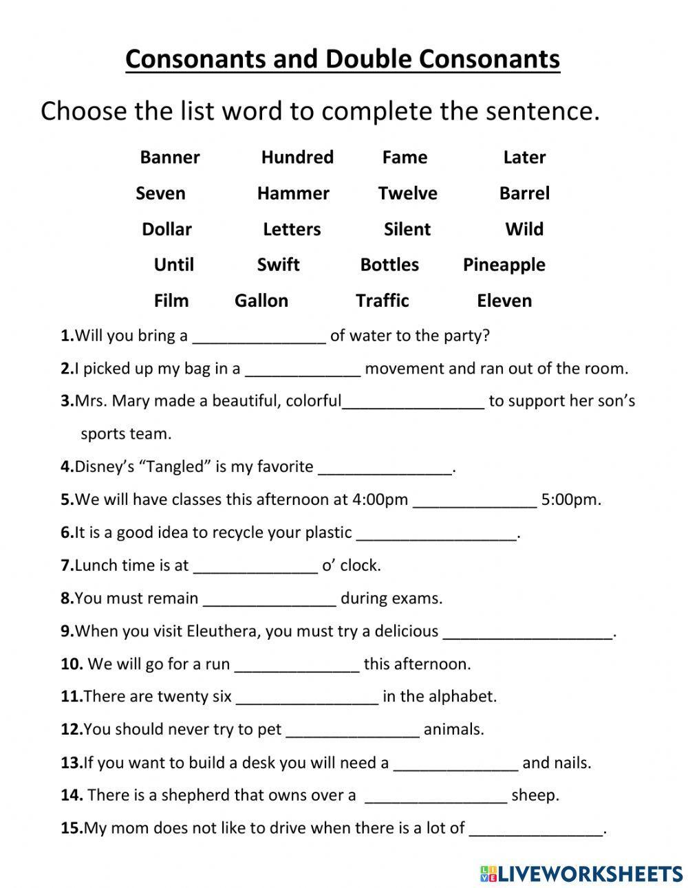 Consonants and Double Consonants - Fill in The Words