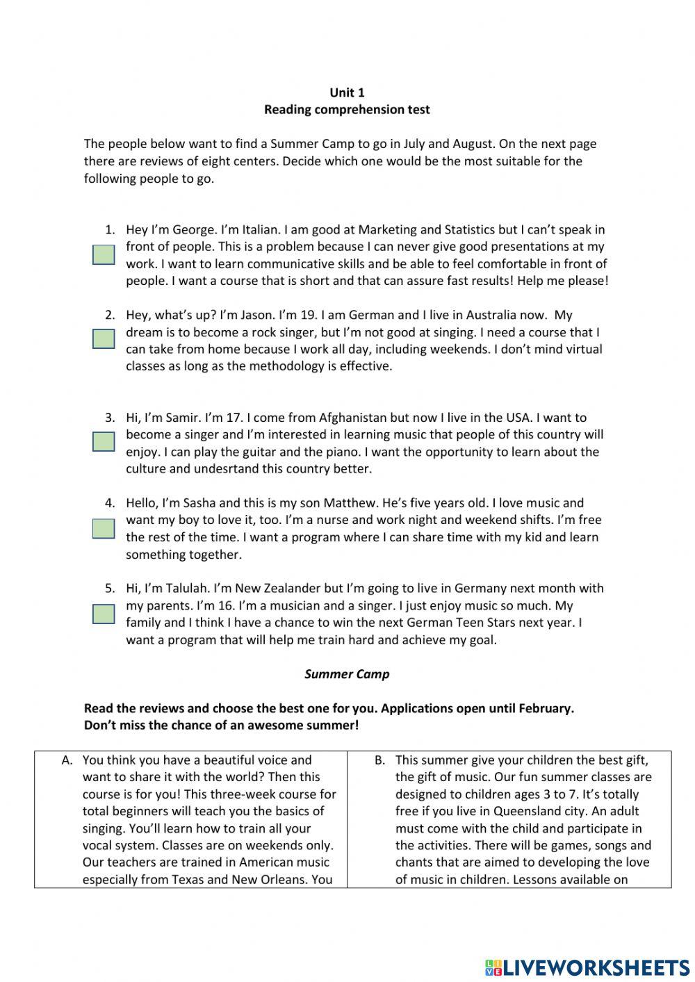 PET reading practice parts 1 and 2