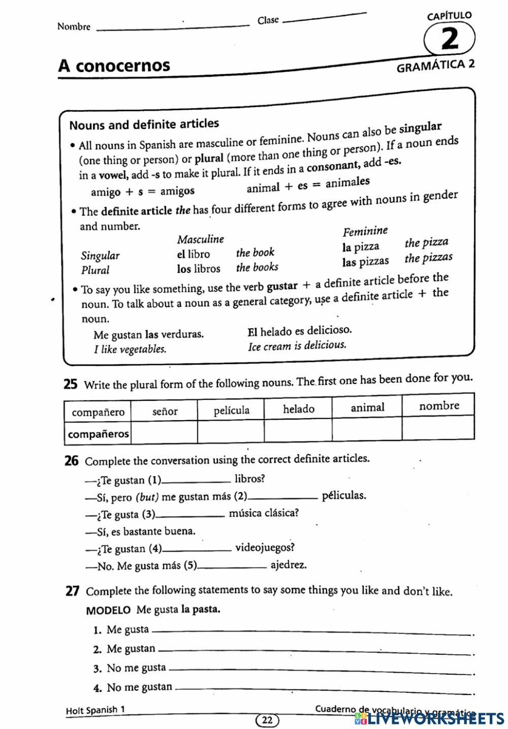 Chapter 2 Spanish Test