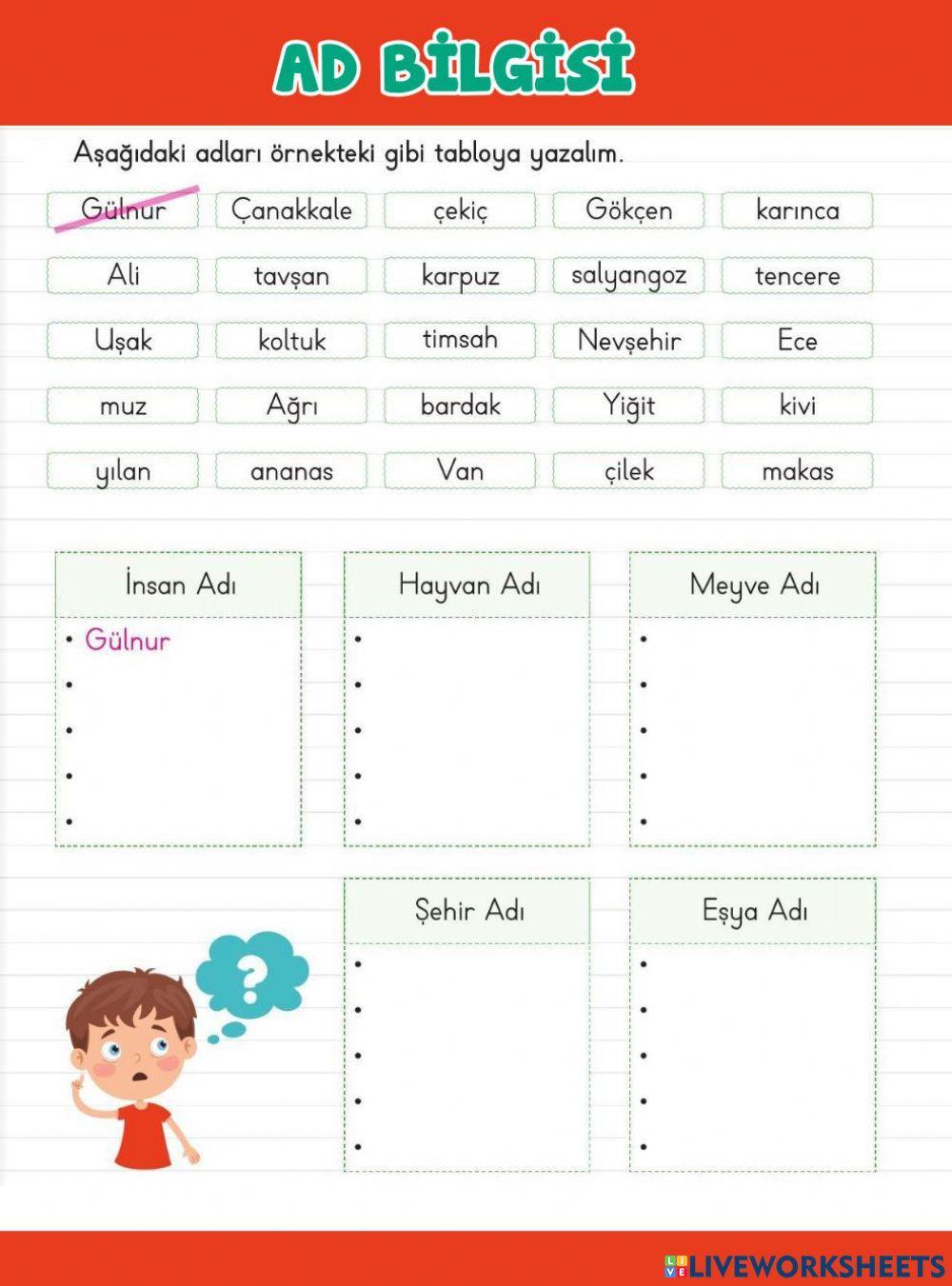 Ad Bilgisi Çalışma Sayfası