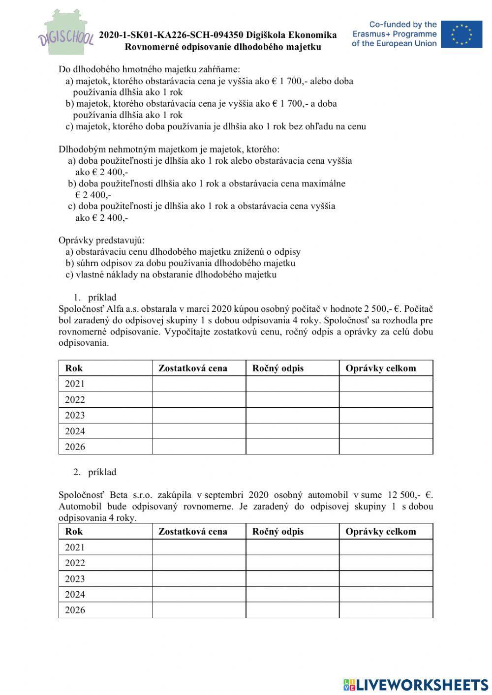 2020-1-SK01-KA226-SCH-094350 DIGI SCHOOL Ekonomika Rovnomerné odpisovanie - príklady