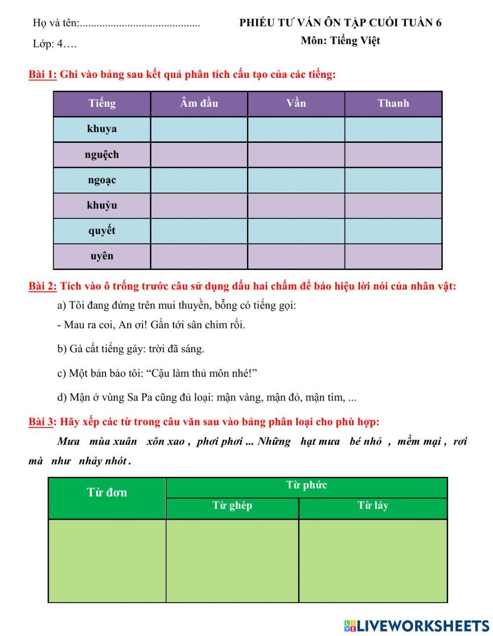 Phiếu tư vấn ôn tập Tiếng Việt - cuối tuần 6