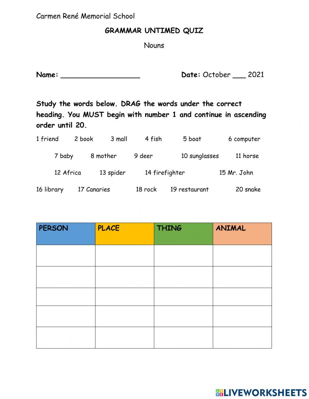 GRAMMAR: NOUNS (person, place, thing and animal) 