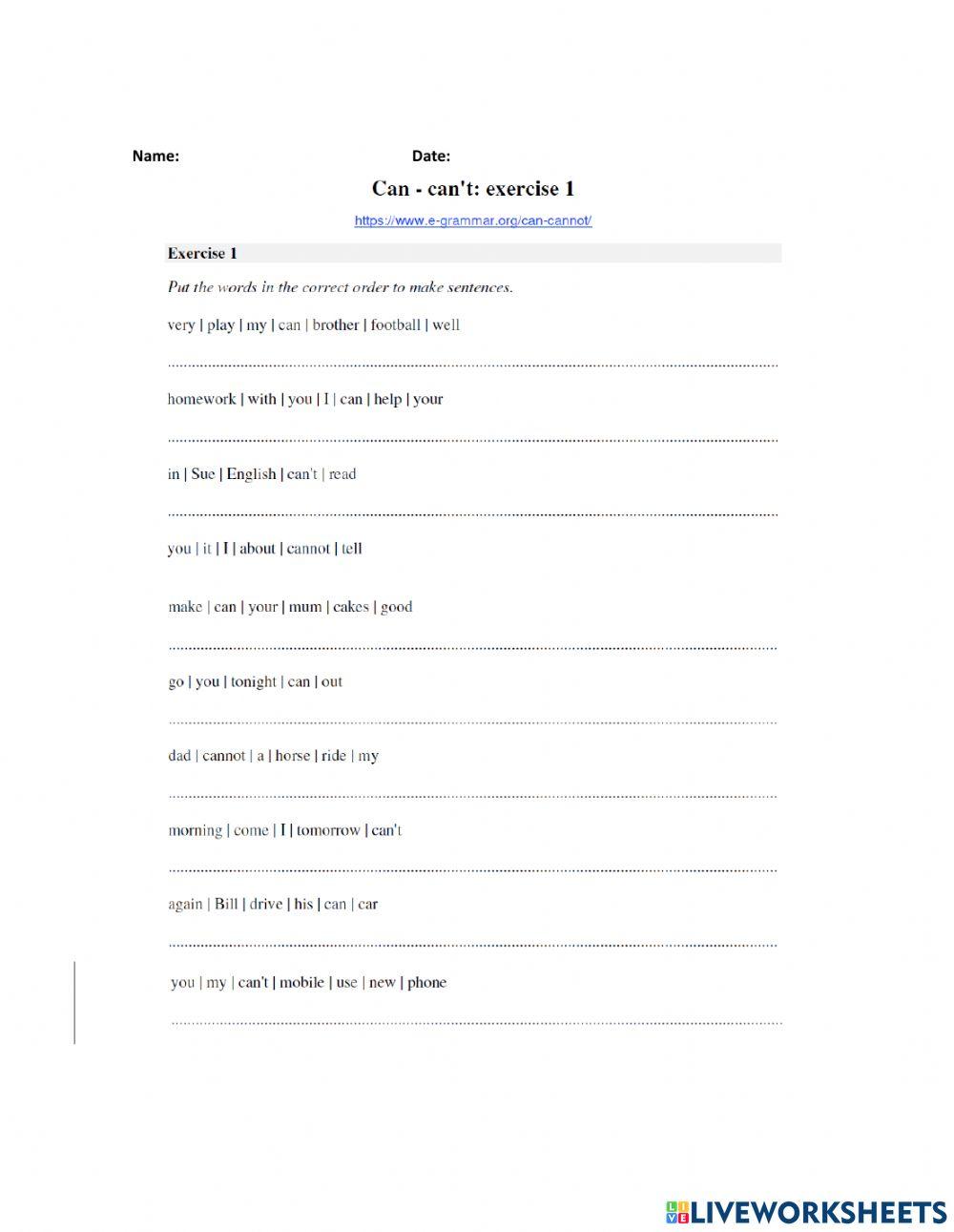 Can and can not exercise live worksheets