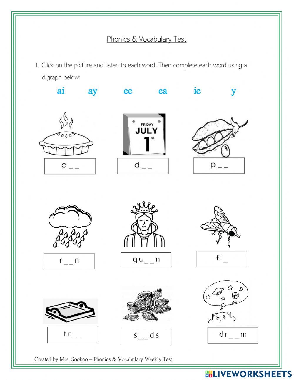 Phonics and Vocabulary Weekly Test 15th oct