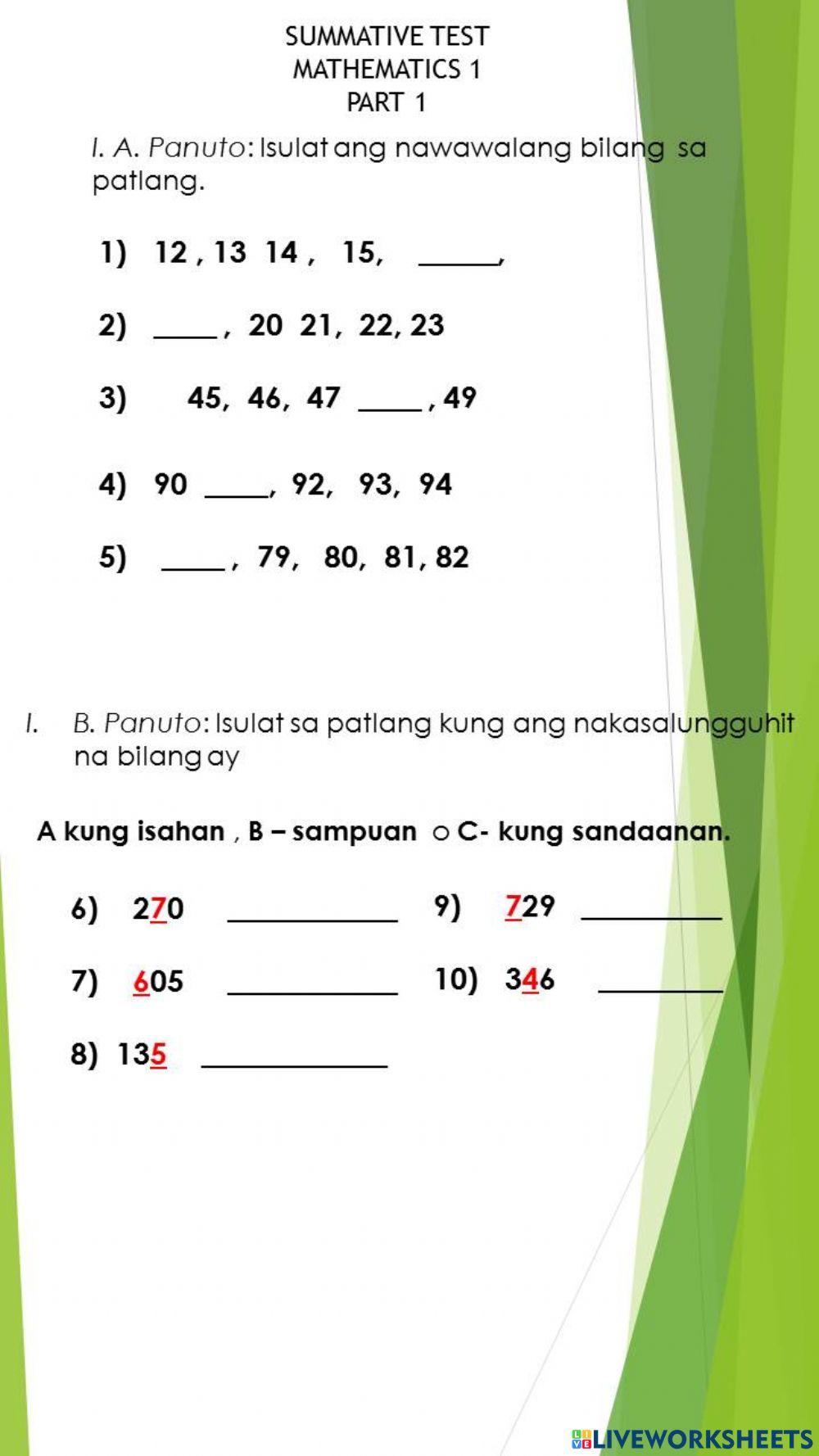 Summative test in math part1