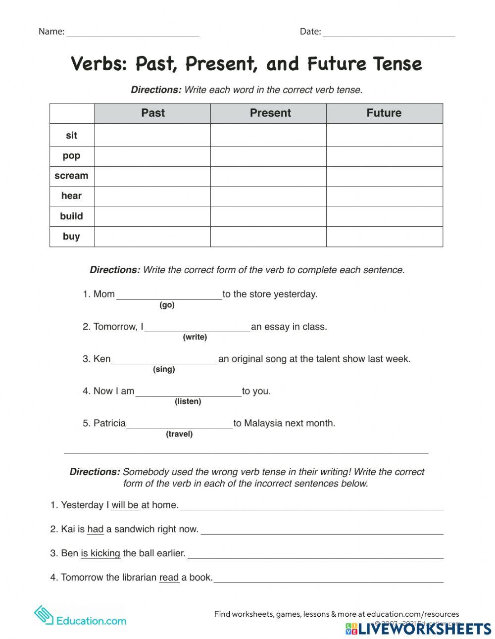 Verbs Past Present And Future Tense worksheet Live Worksheets