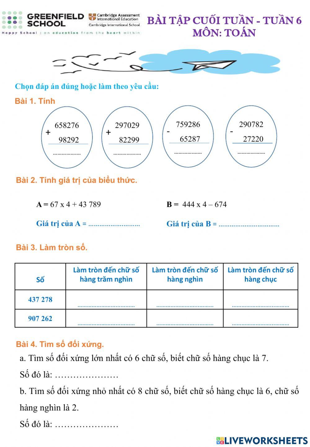 Bài tập cuối tuần 6 - Toán