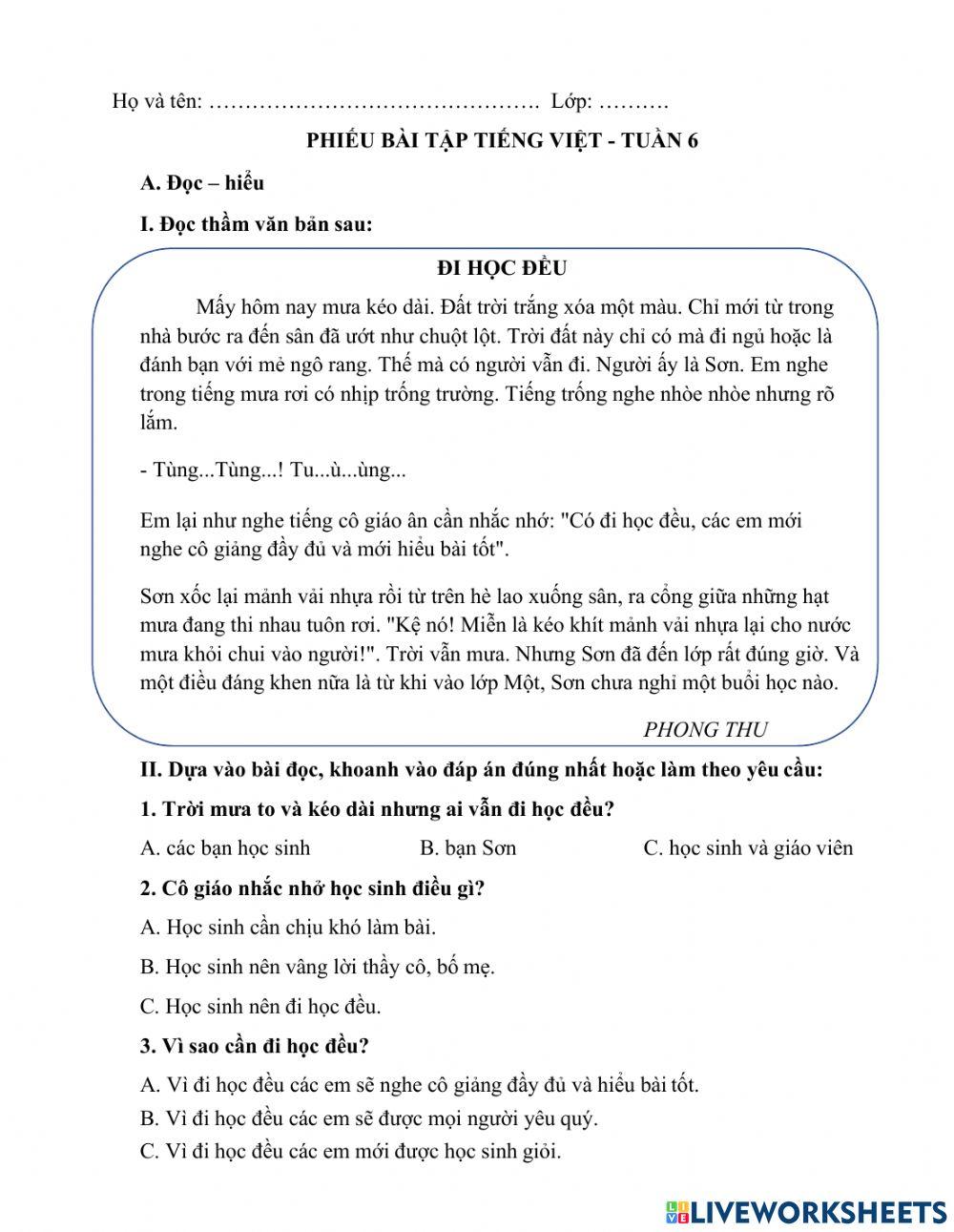 Phiếu Tiếng Việt cuối tuần 6