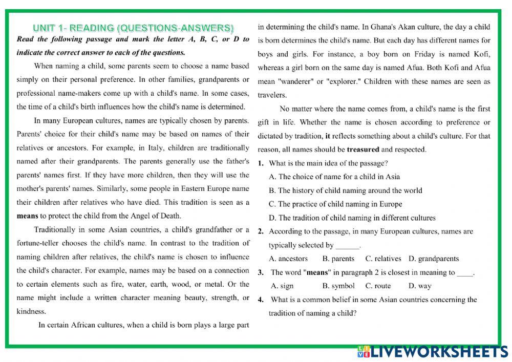 Unit 1-Reading (Questions-Answers)