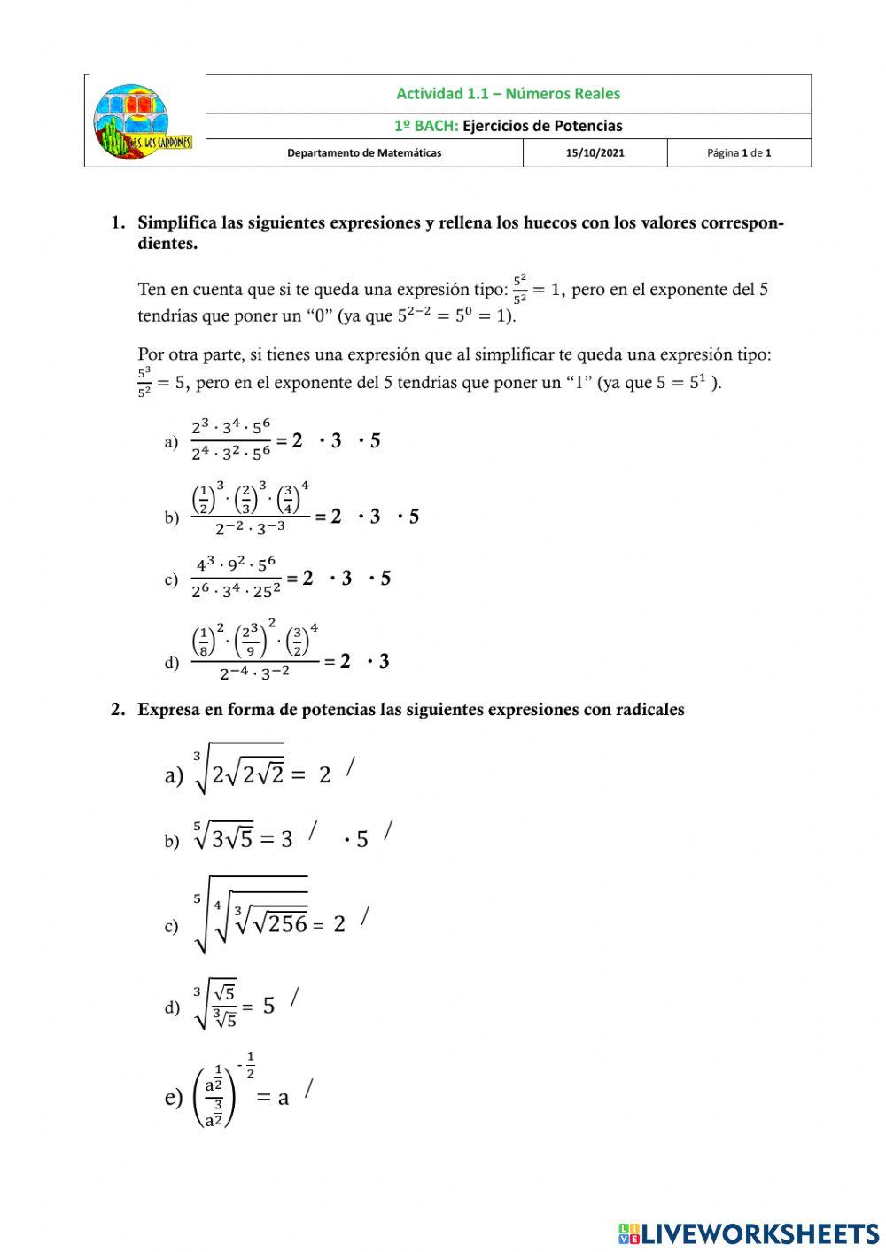 Potencias y radicales 1º BACH
