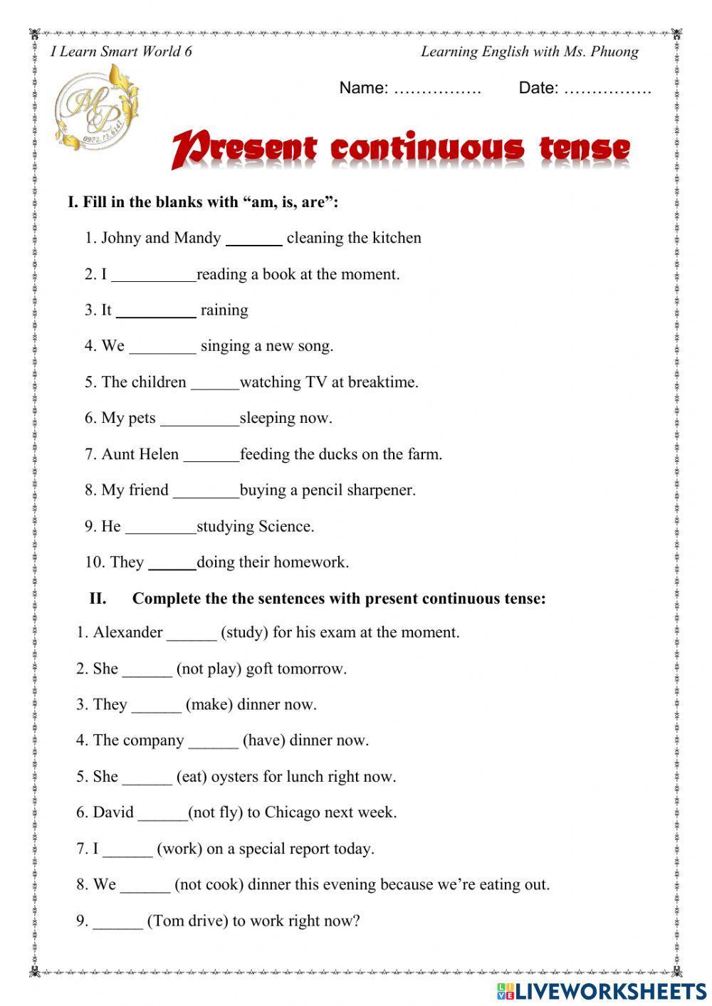 Present continuous tense online exercise for Grade 6 | Live Worksheets