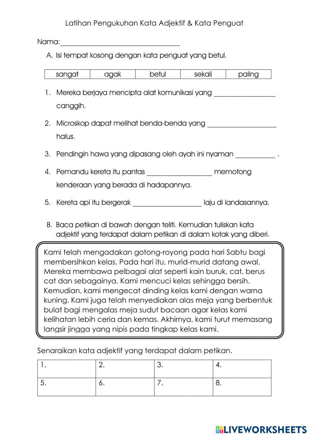 Latihan Pengukuhan Kata Adjektif & Kata Penguat Latihan Pengukuhan Kata Adjektif & Kata Penguat