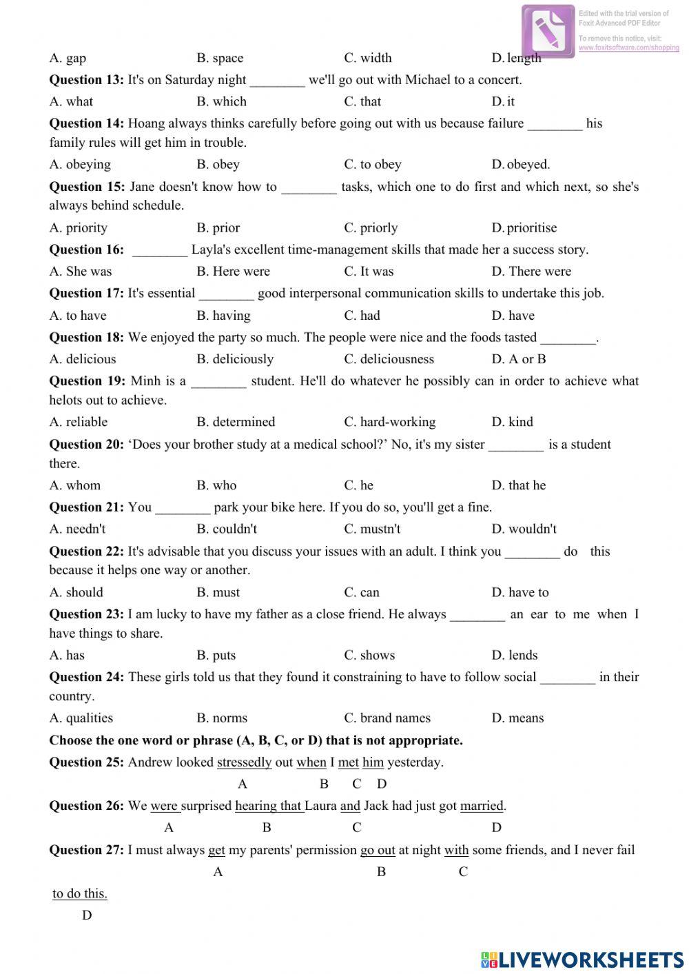 Revision test unit 1-3 grade 11