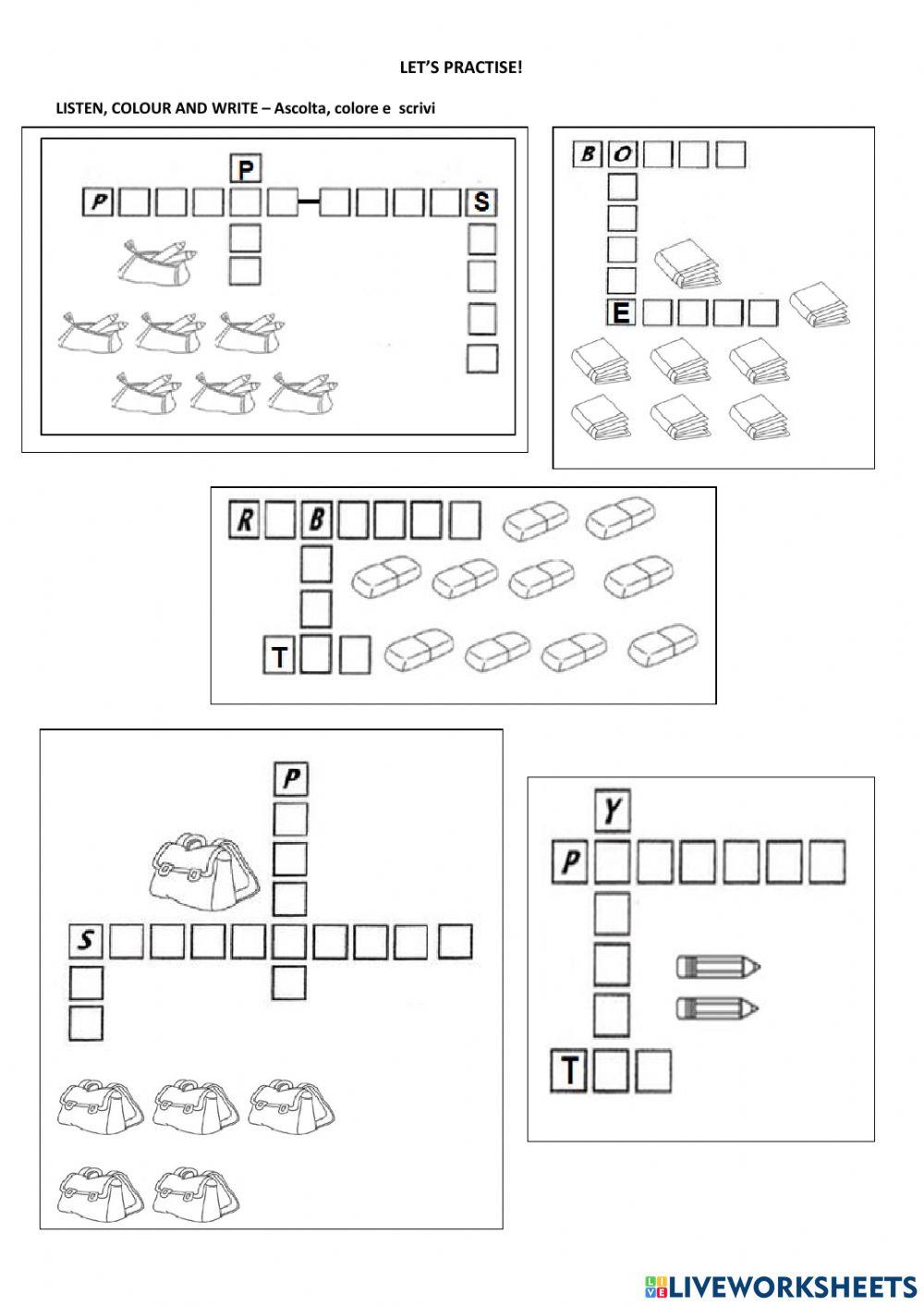 Colours, numbers and school objects CROSSWORD