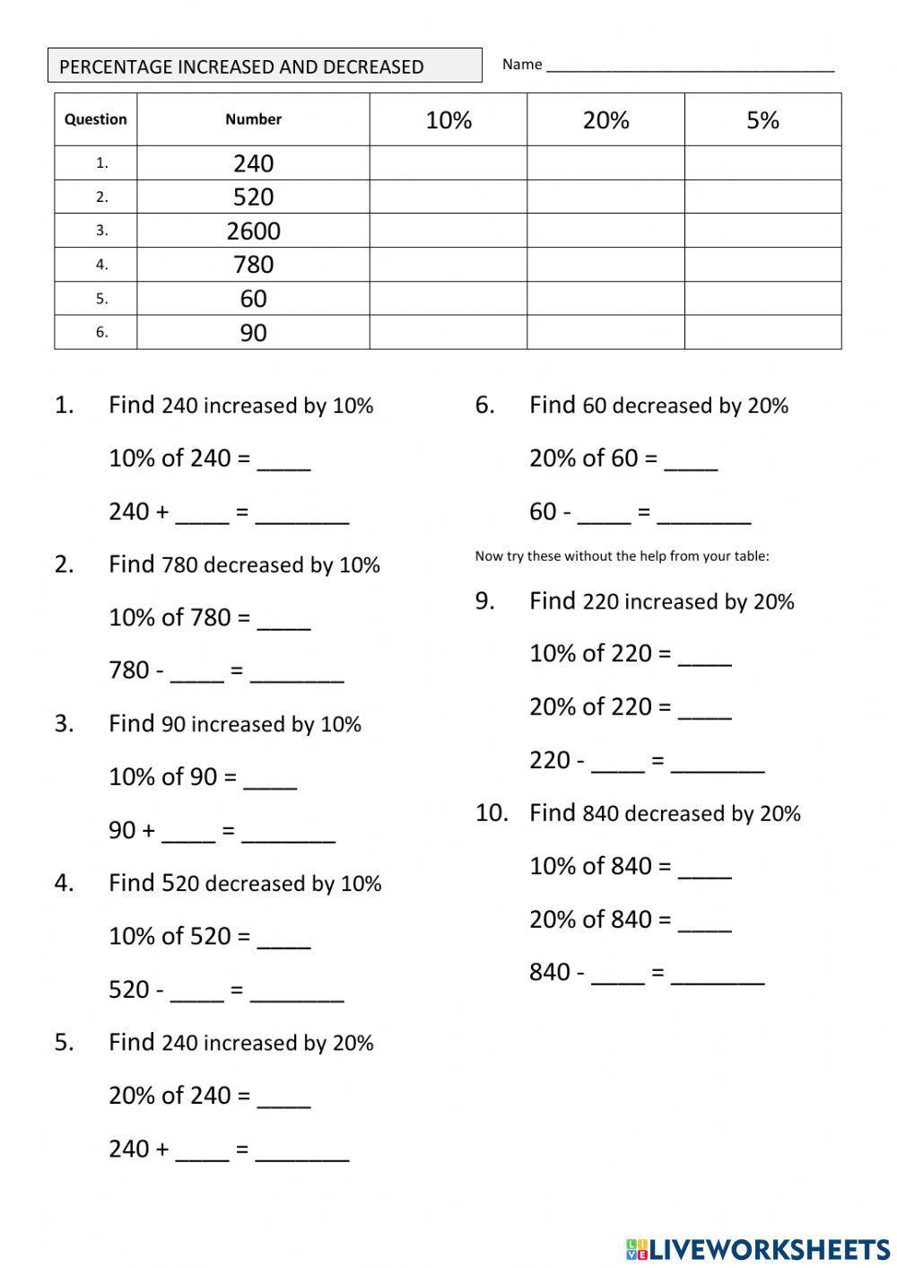 Increased and Decreased Percentage and Percentage Change.