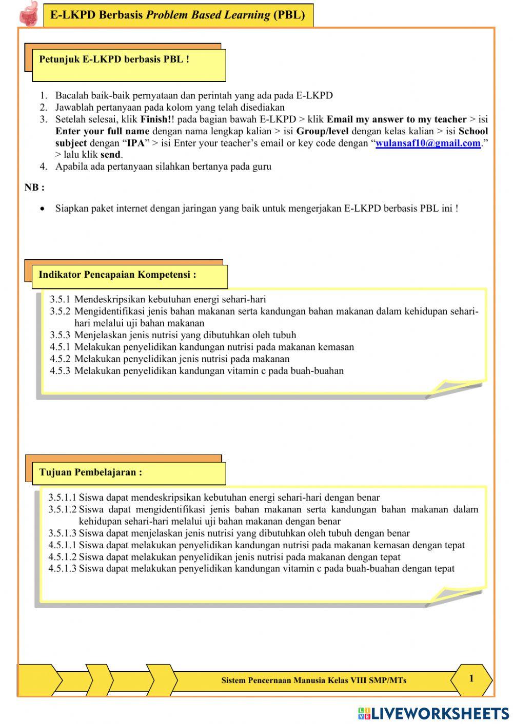 E lkpd berbasis problem based learning pbl online exercise for live