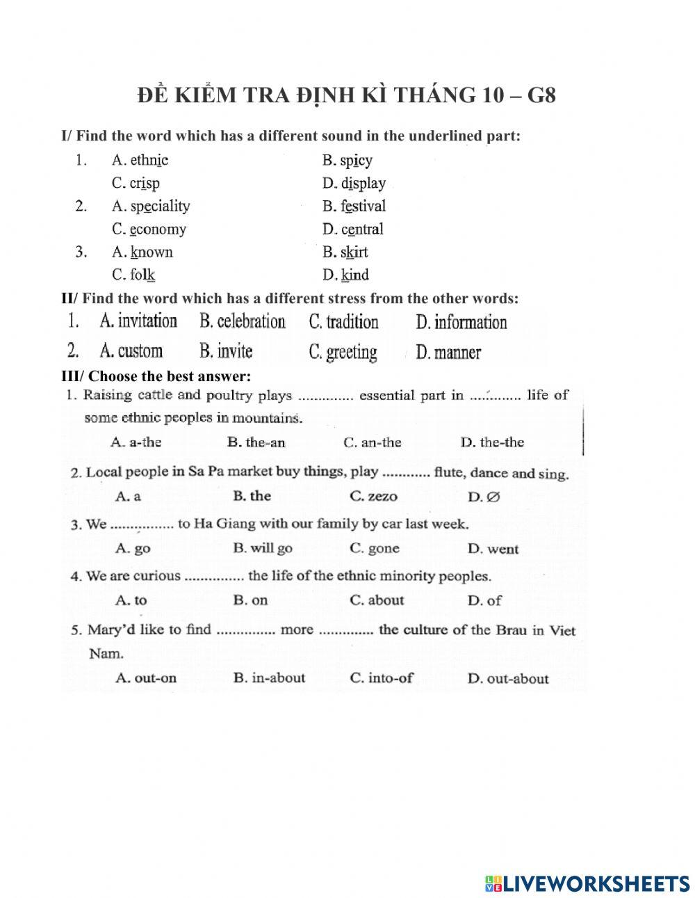 Đề kiểm tra định kì tháng 10 - khối 8