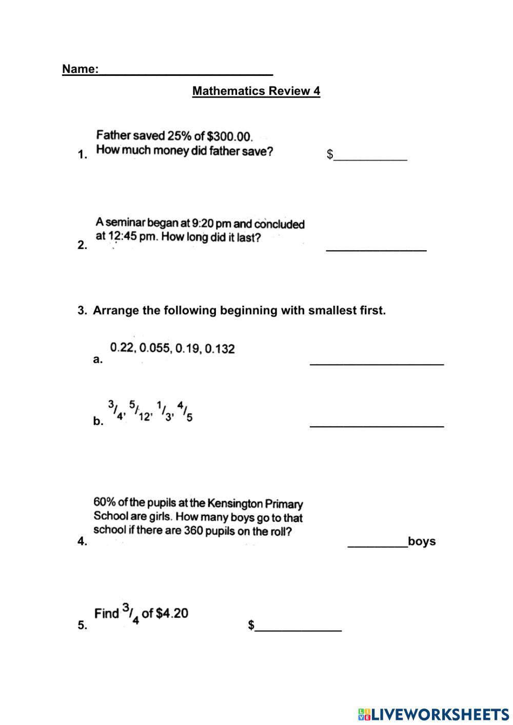 Mathematics Review 4 worksheet | Live Worksheets