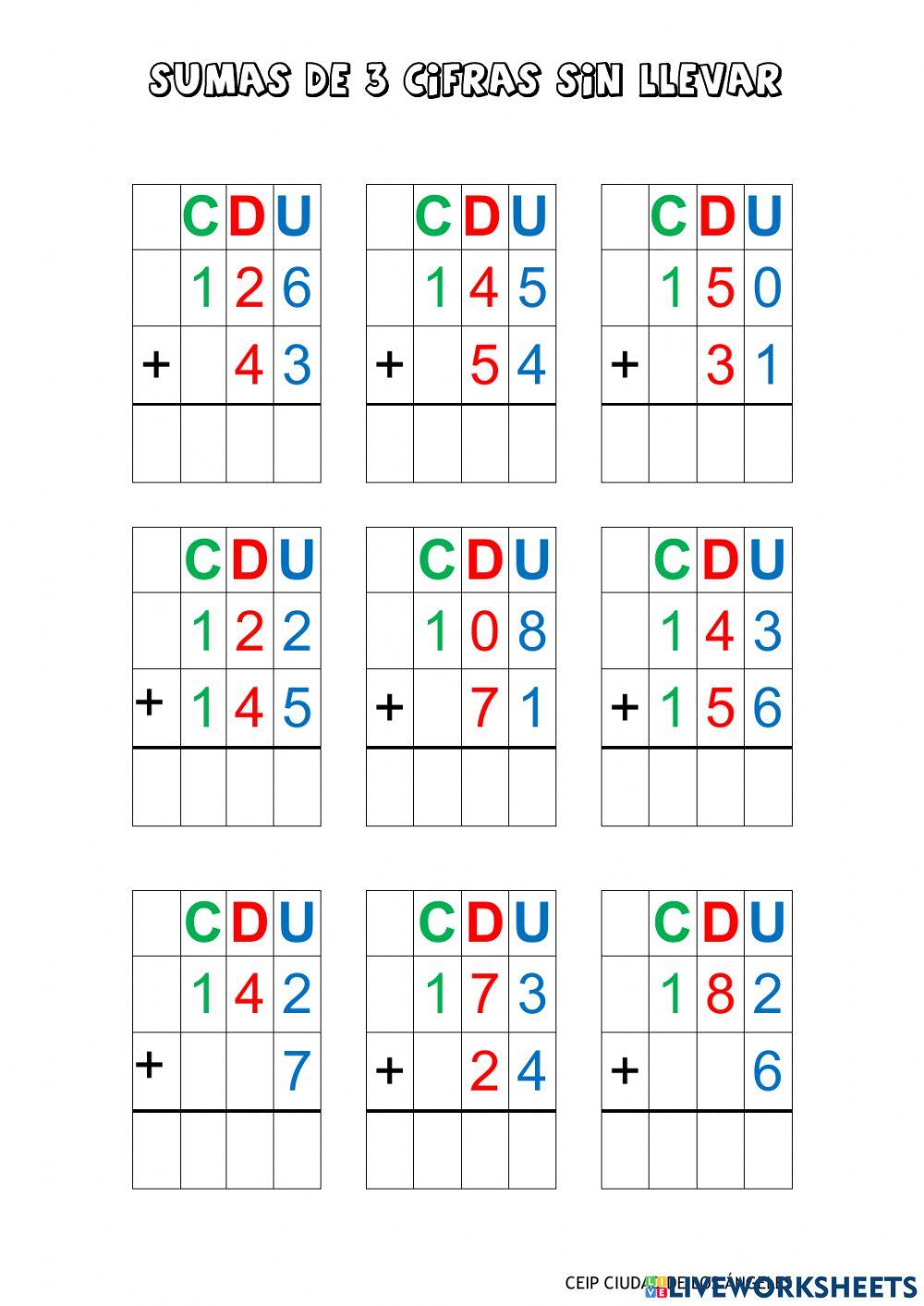 Sumas de 3 cifras sin llevar