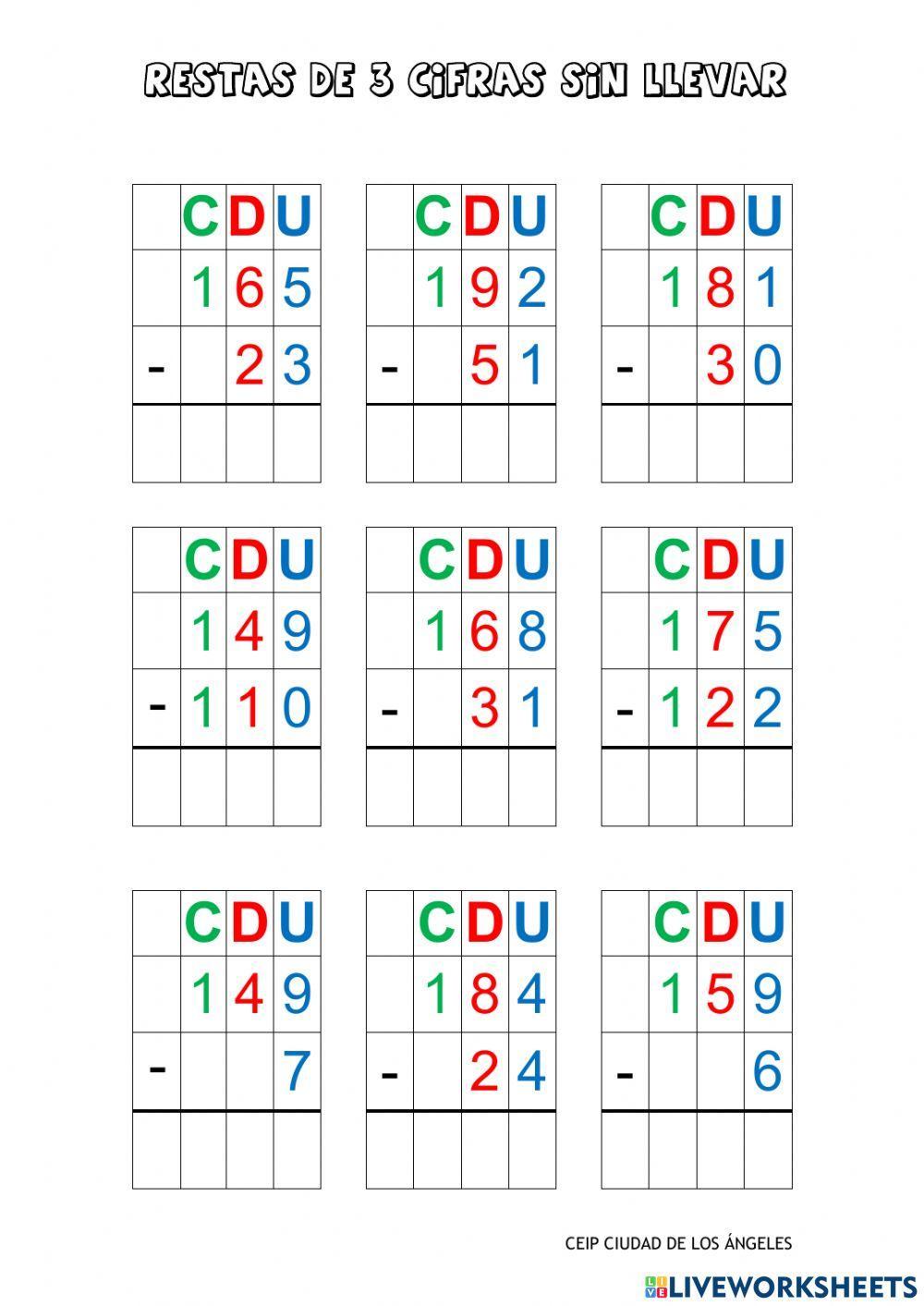 Restas de 3 cifras sin llevar