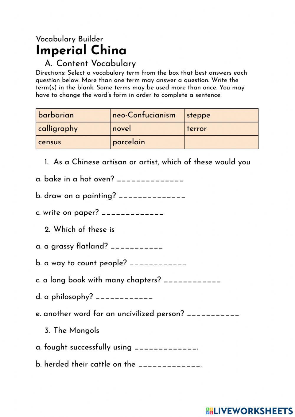 Vocabulary builder imperial china 1 worksheet live worksheets