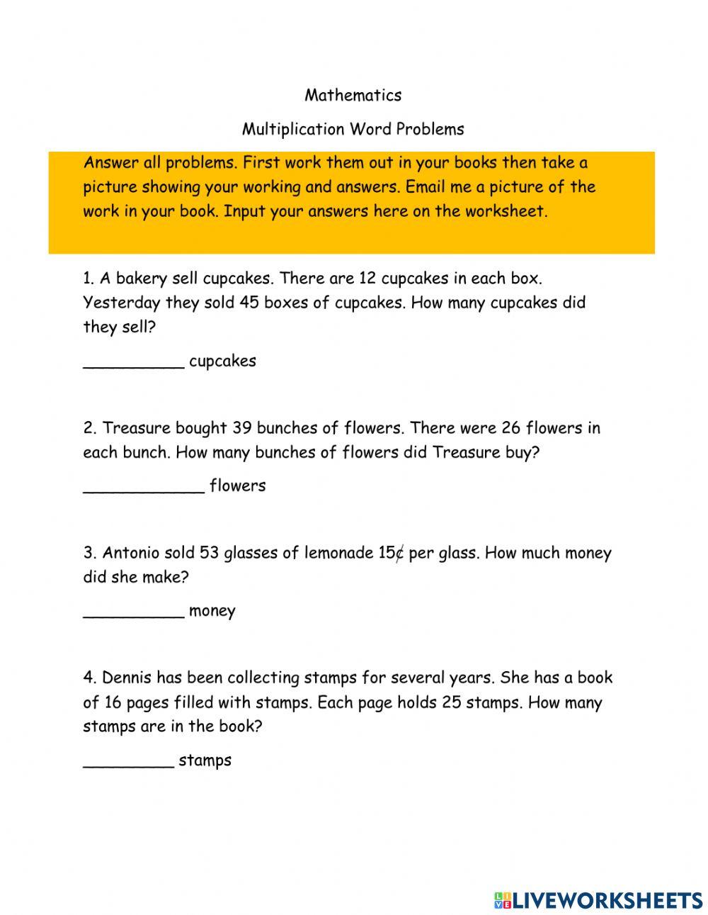 Two Digit Multiplication Word Problems online exercise for | Live ...