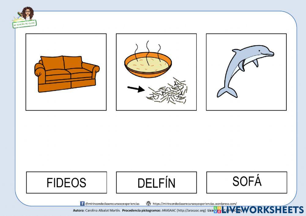 Letra F: Sofá, Fideos y Delfín